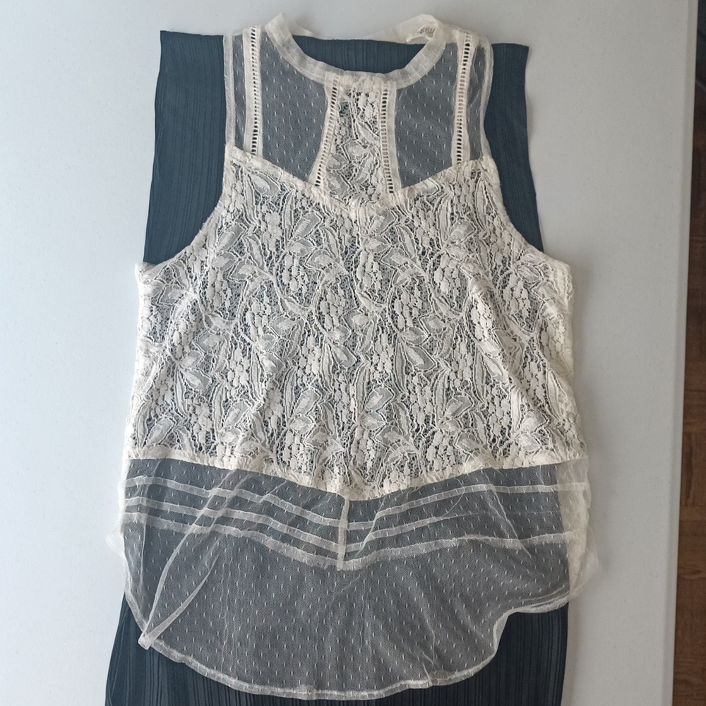 Rebellion Size L Ethereal Cream Lace Mesh 70 % Cotton Sleeveless Tank Top